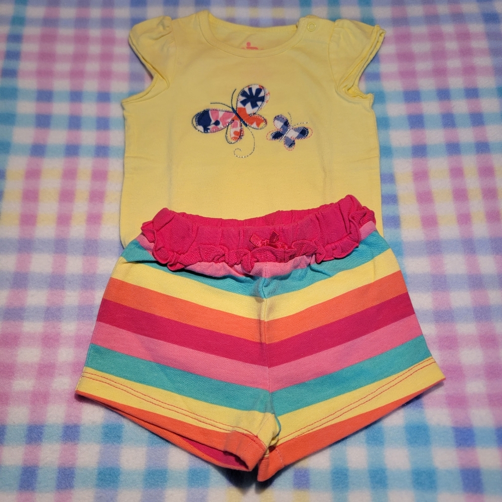 CIRCO 🦋 NWOT 2pc Ruffled Yellow Butterfly Onesie 'n Multi Striped Shorts Set NB